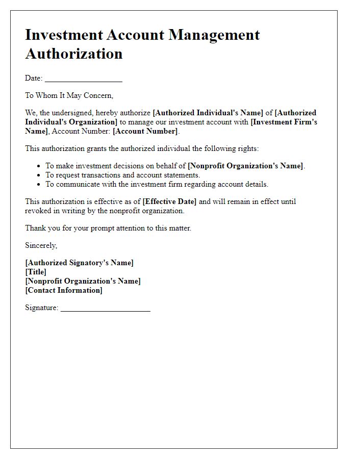 Letter template of investment account management authorization for nonprofit organizations