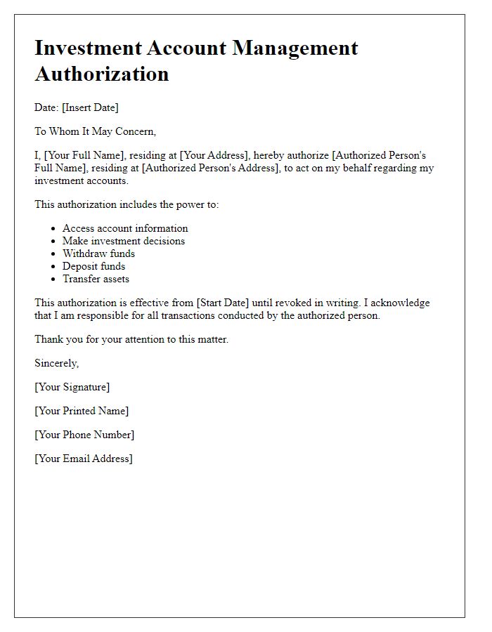 Letter template of investment account management authorization for power of attorney