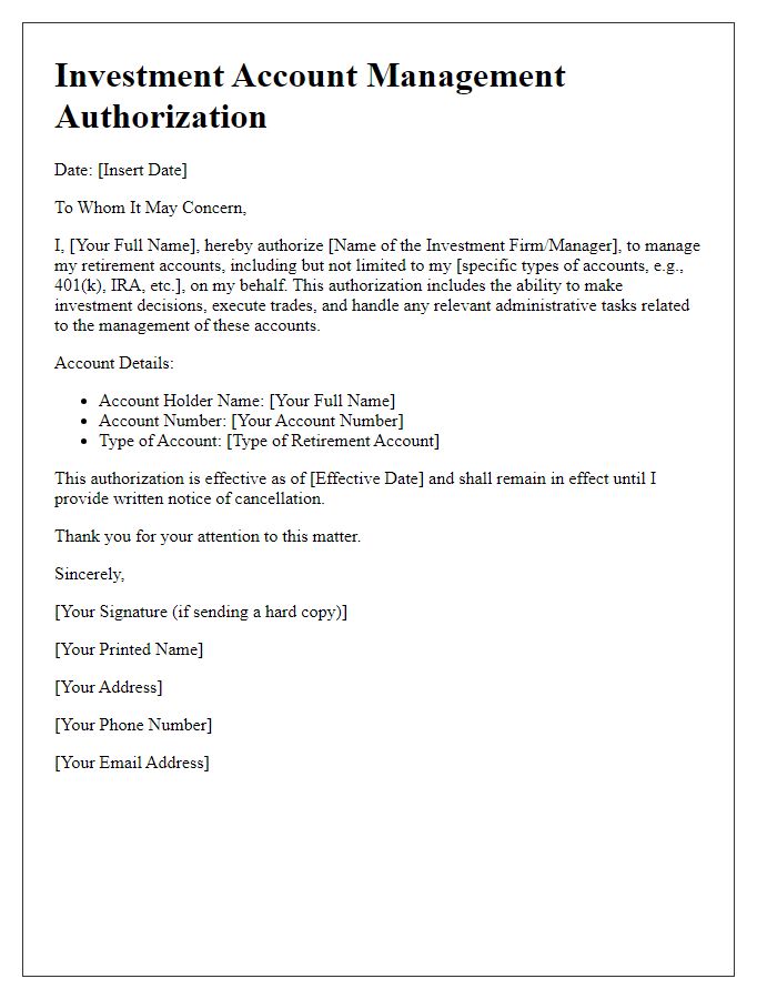 Letter template of investment account management authorization for retirement accounts