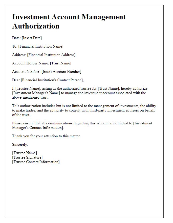 Letter template of investment account management authorization for trust accounts