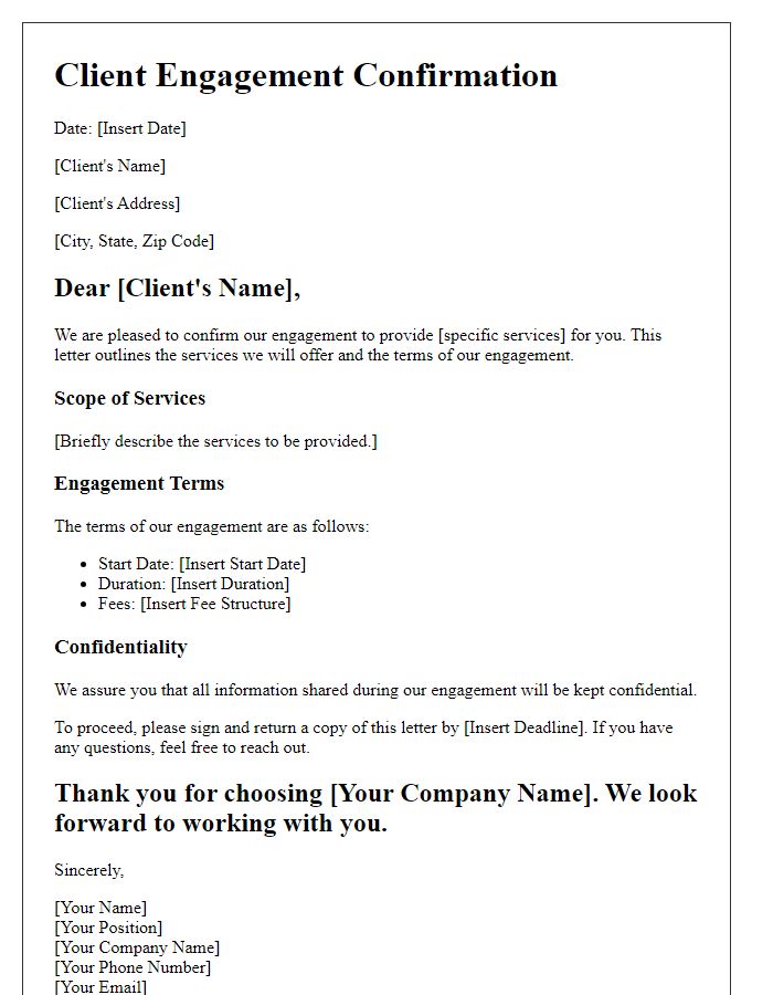 Letter template of client engagement confirmation for services