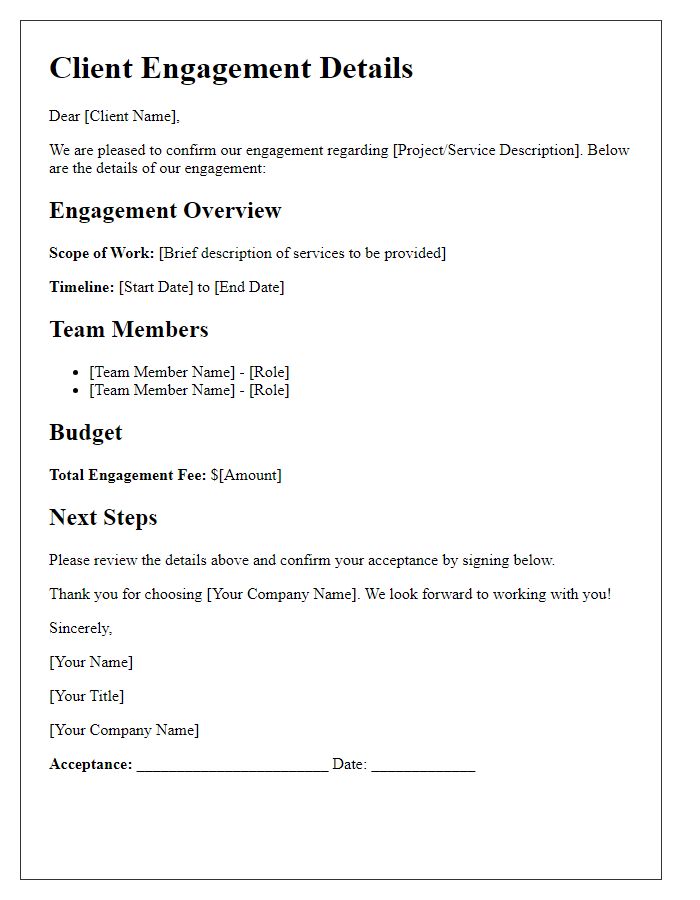 Letter template of client engagement details