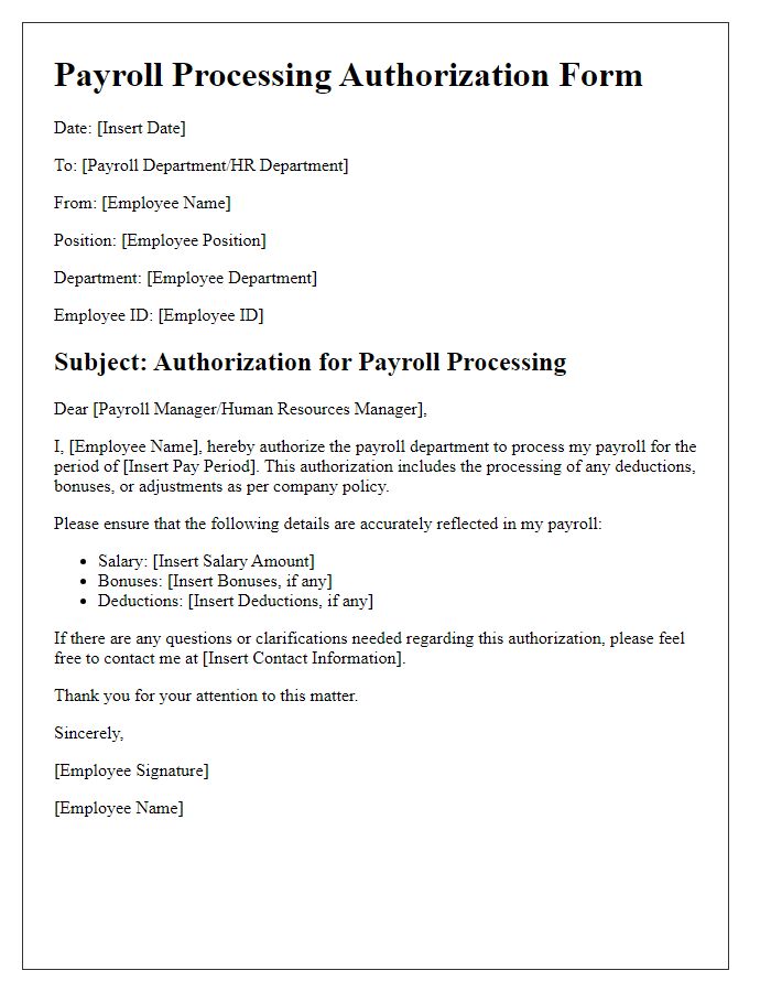 Letter template of Payroll Processing Authorization Form