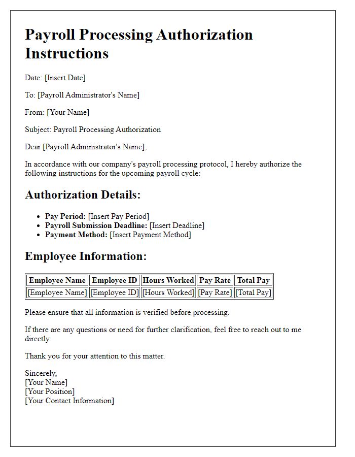 Letter template of Payroll Processing Authorization Instructions