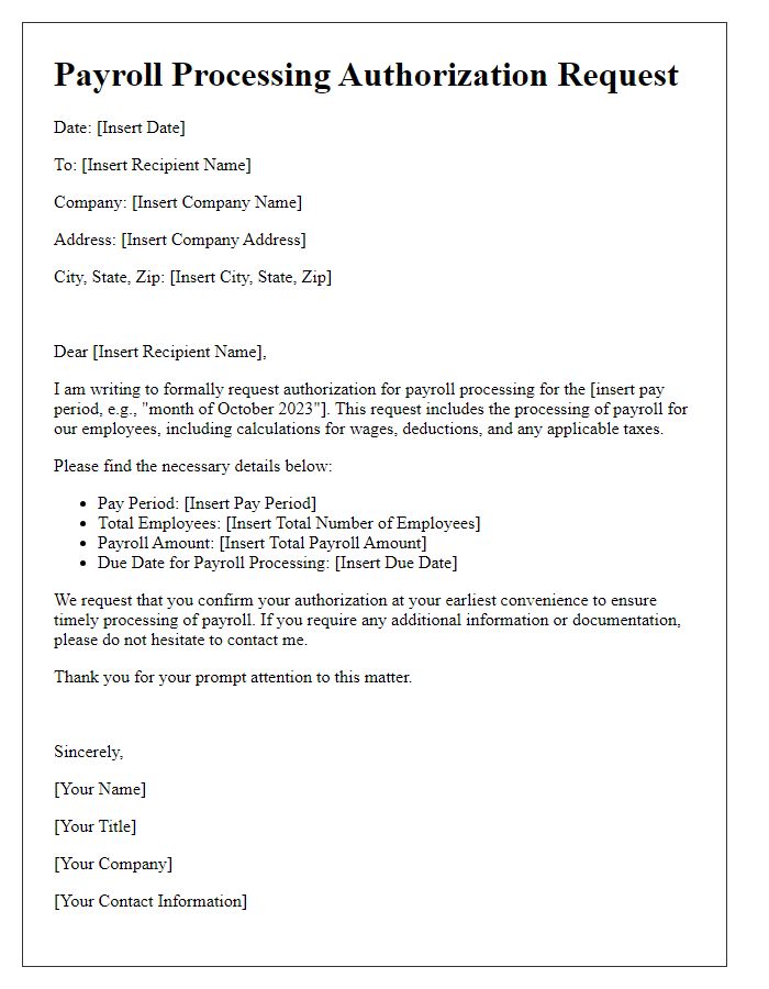 Letter template of Payroll Processing Authorization Request