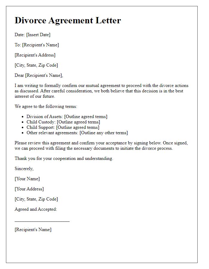 Letter template of agreement to proceed with divorce actions