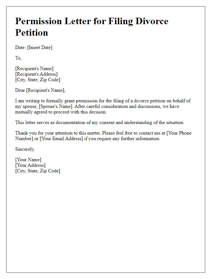 Letter template of permission for filing divorce petition