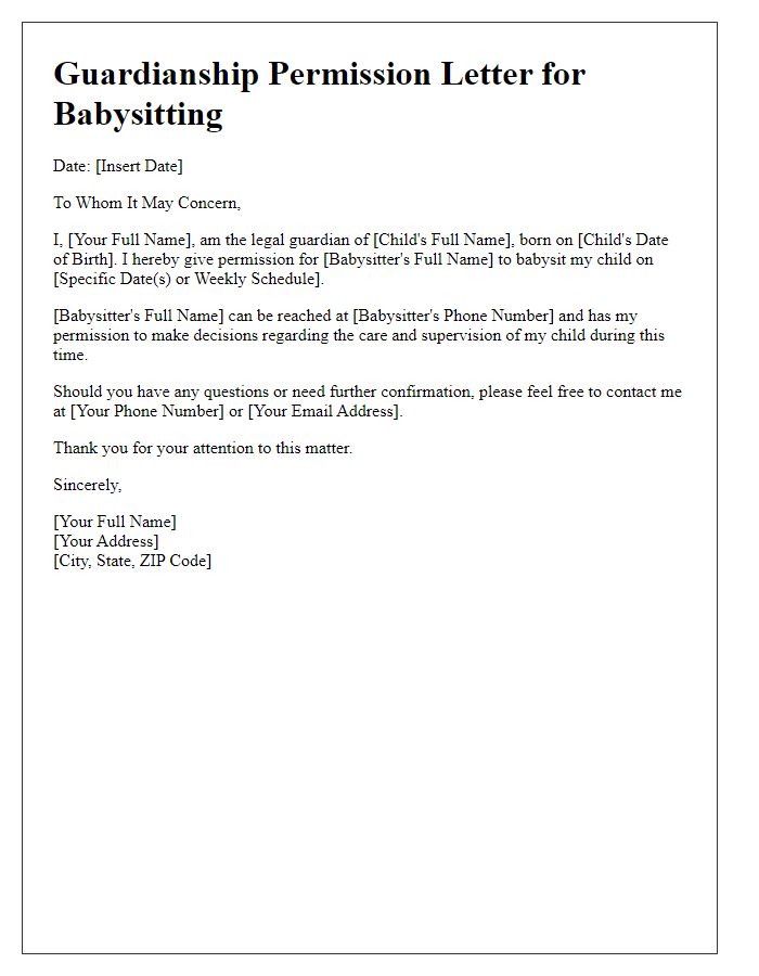 Letter template of guardianship permission for babysitting