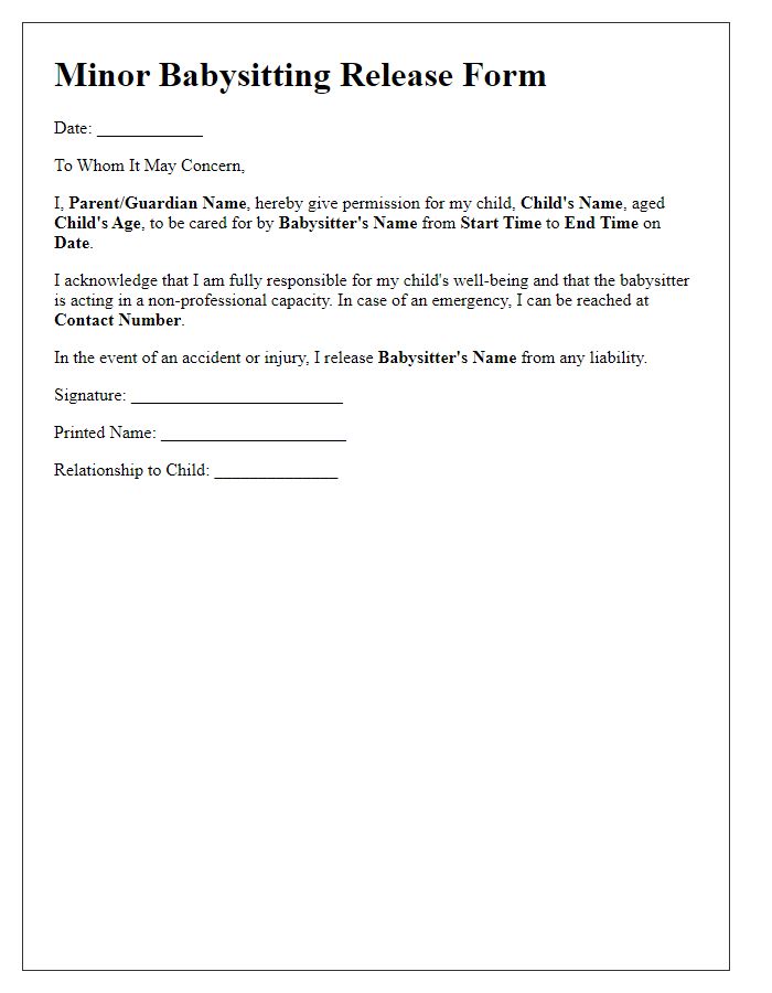 Letter template of minor babysitting release form