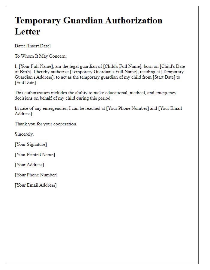 Letter template of temporary guardian authorization