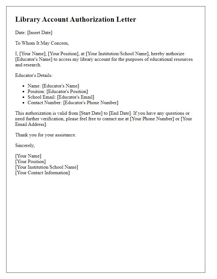 Letter template of library account authorization for educators.