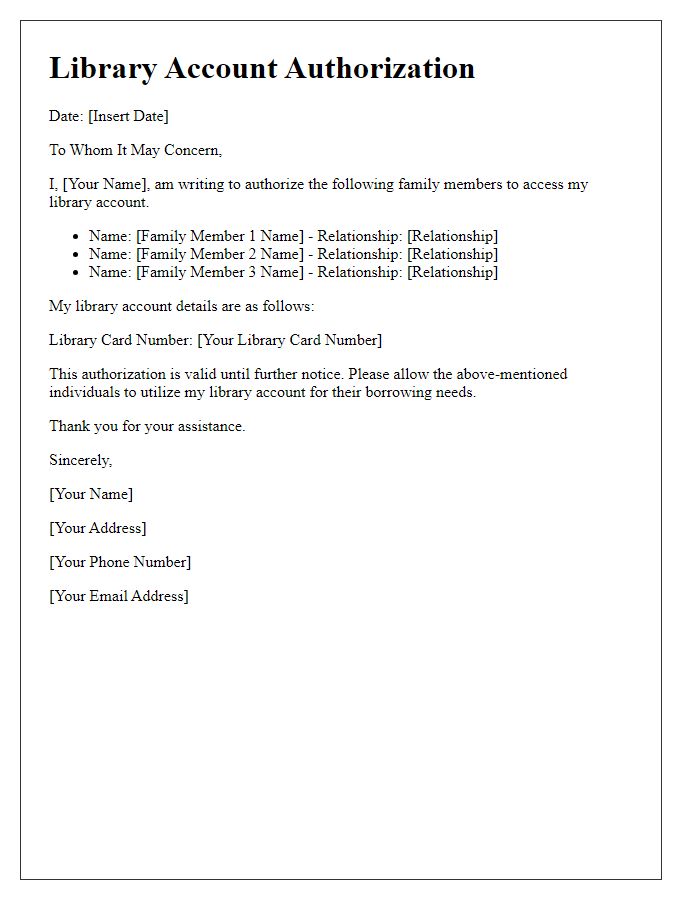 Letter template of library account authorization for family members.