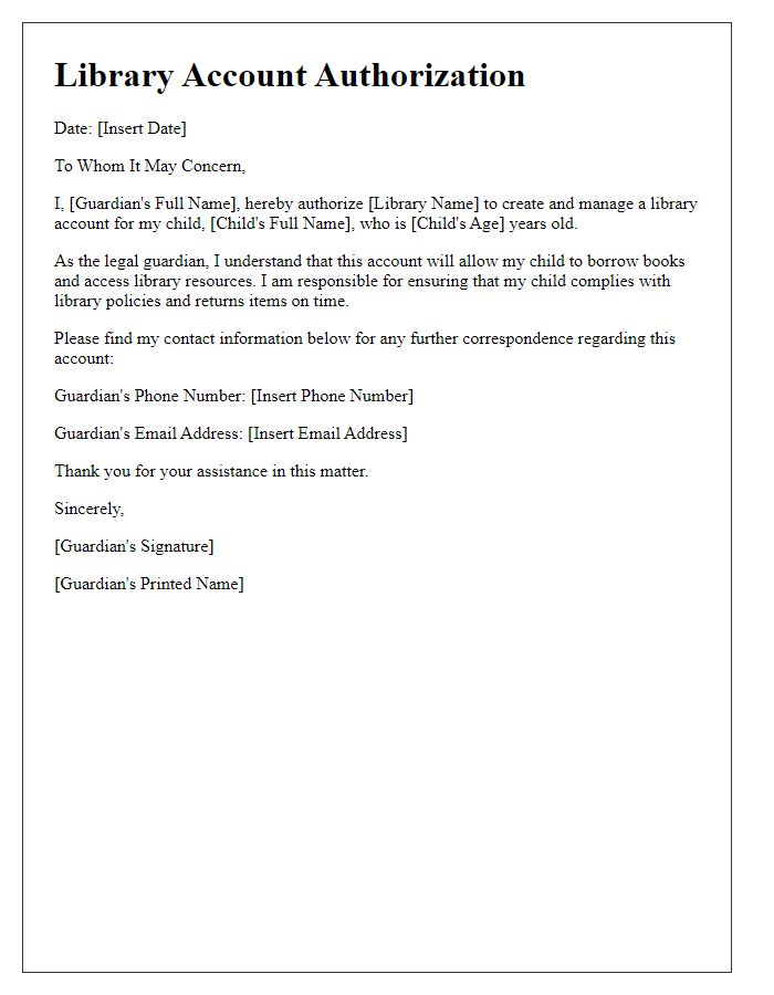 Letter template of library account authorization for guardians.