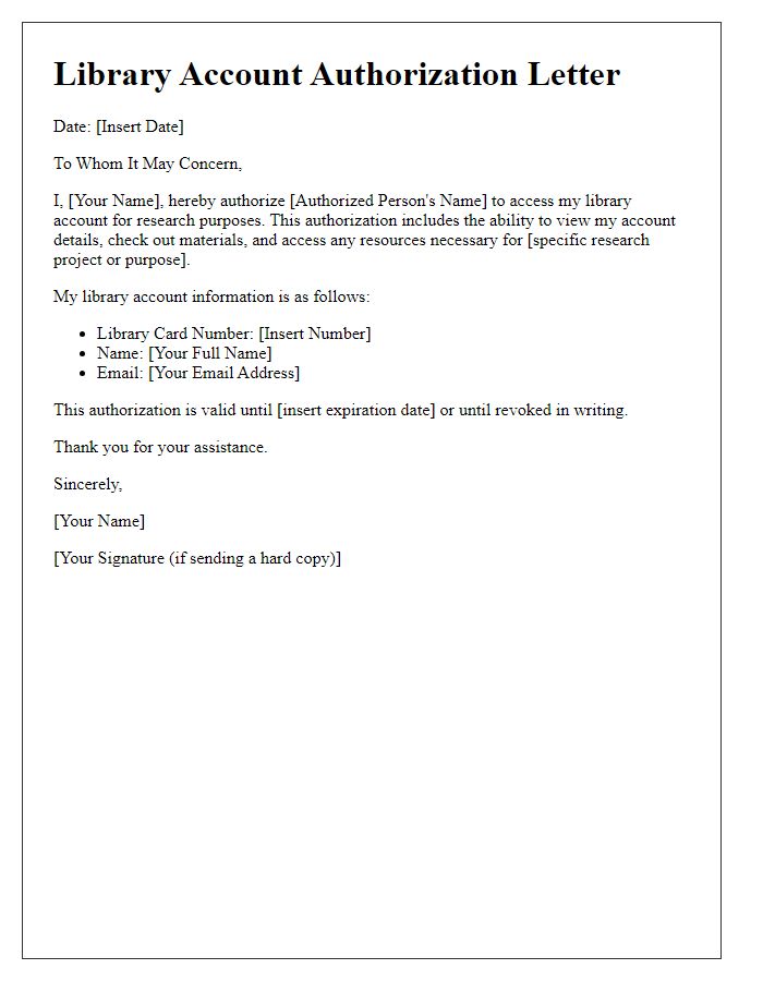 Letter template of library account authorization for research purposes.