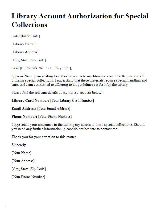 Letter template of library account authorization for special collections.