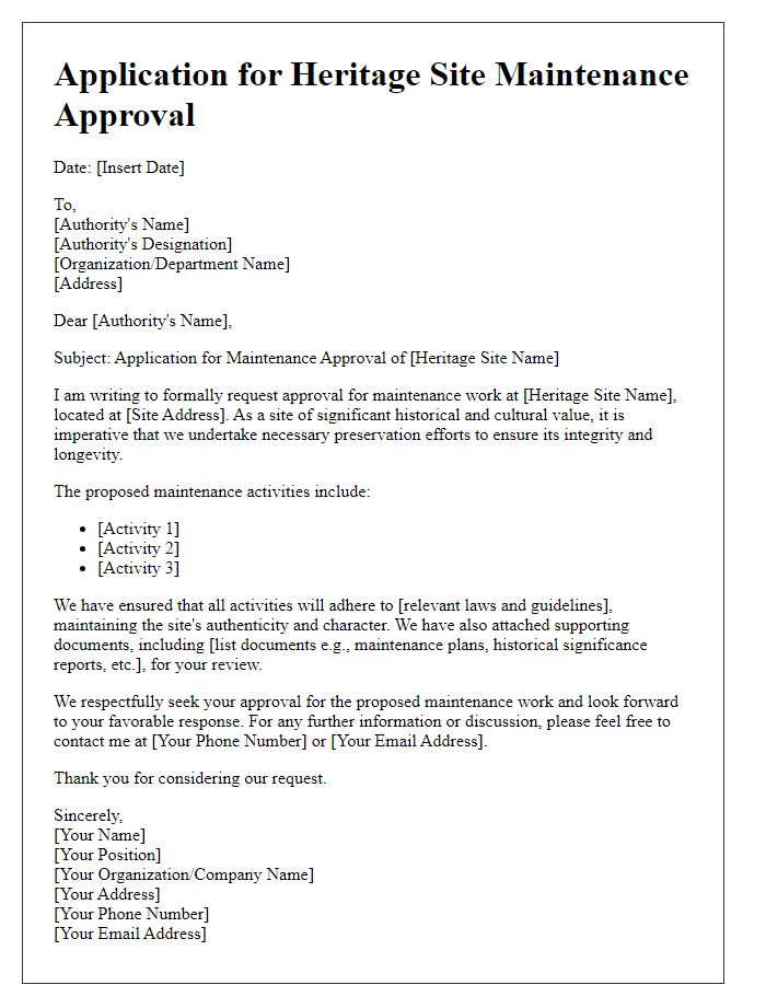 Letter template of application for heritage site maintenance approval