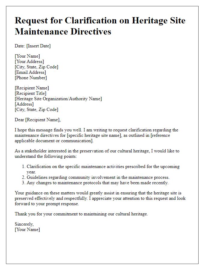 Letter template of clarification request for heritage site maintenance directives