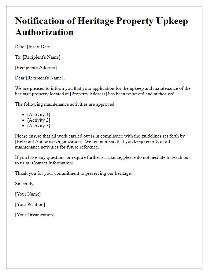 Letter template of notification for heritage property upkeep authorization