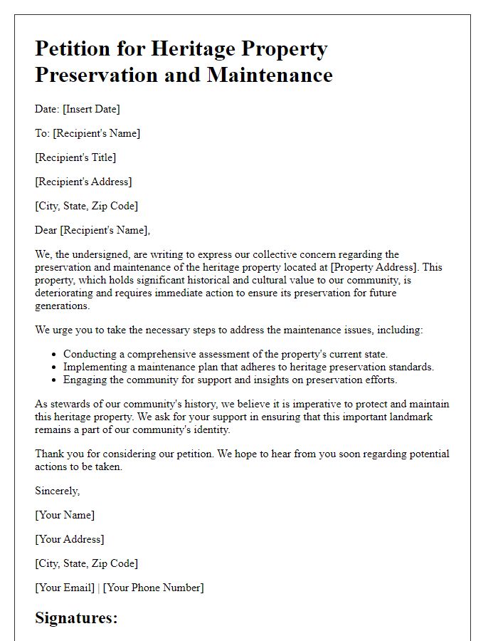 Letter template of petition for heritage property preservation maintenance