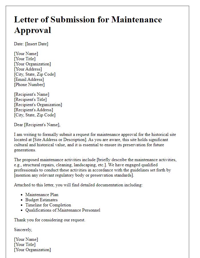 Letter template of submission for maintenance approval of historical site