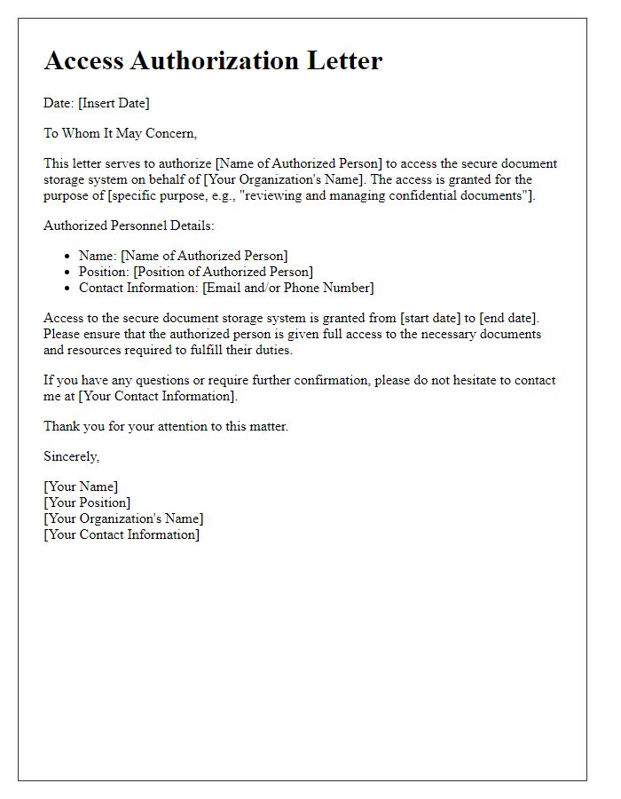 Letter template of secure document storage access authorization