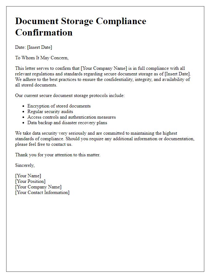 Letter template of secure document storage compliance confirmation