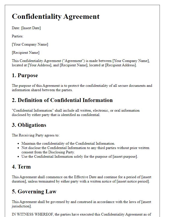 Letter template of secure document storage confidentiality agreement