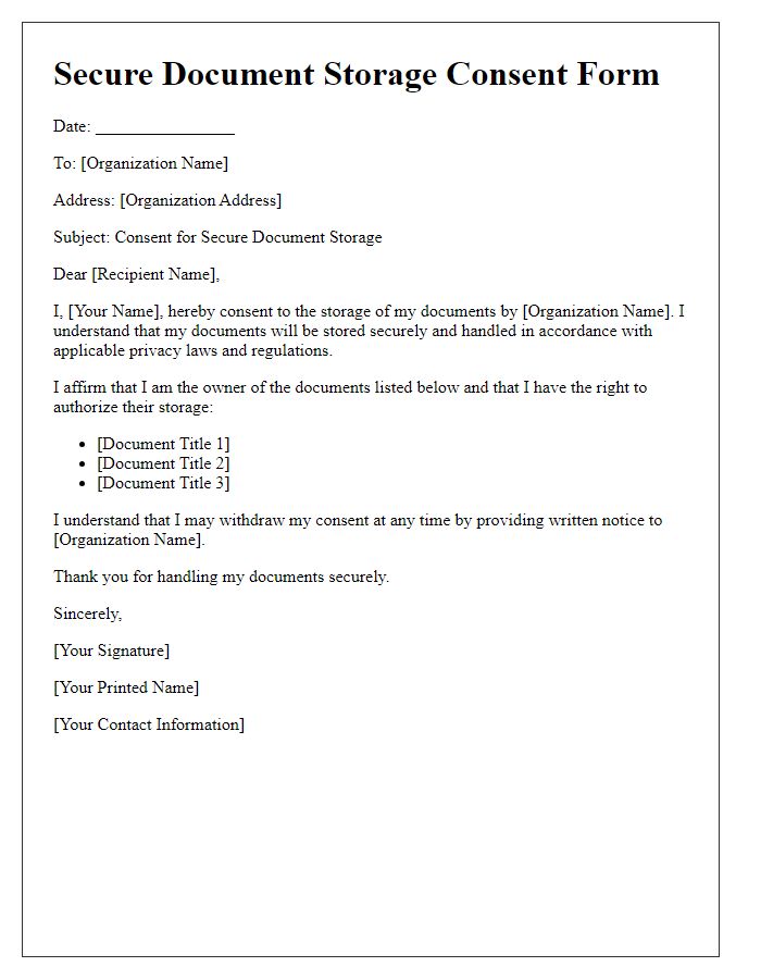 Letter template of secure document storage consent form