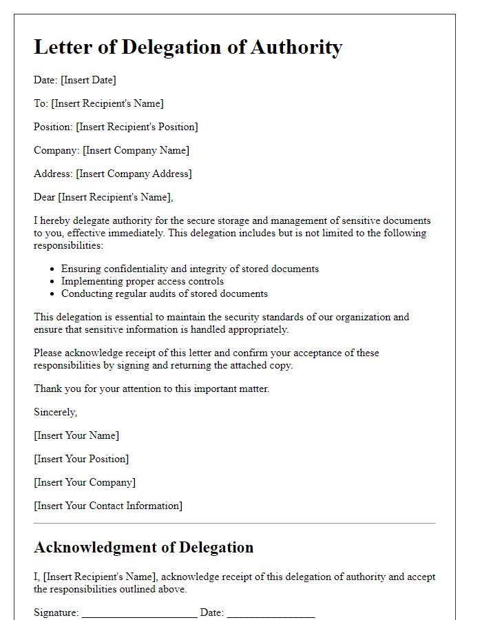 Letter template of secure document storage delegation of authority