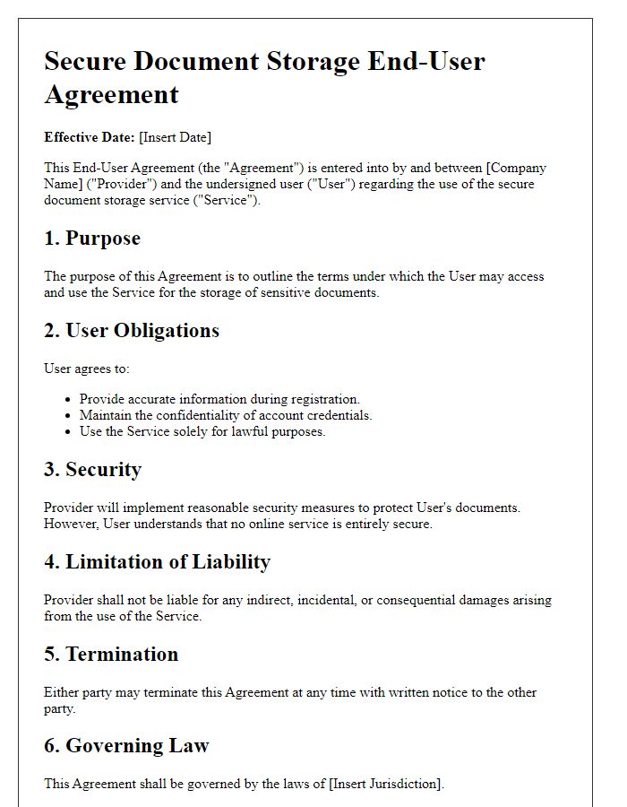 Letter template of secure document storage end-user agreement