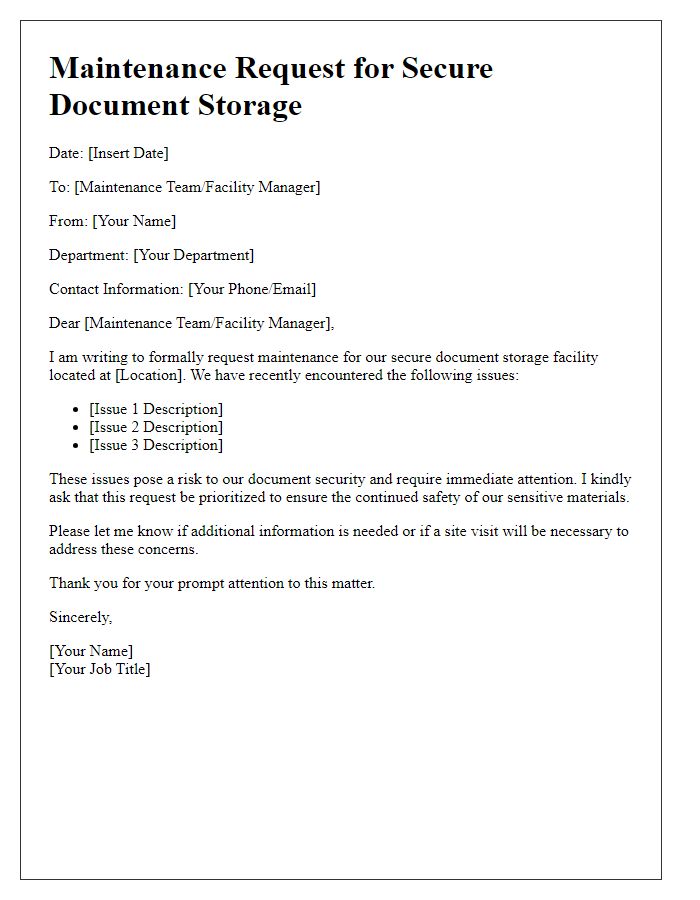 Letter template of secure document storage maintenance request