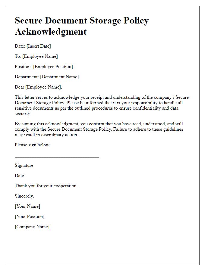 Letter template of secure document storage policy acknowledgment