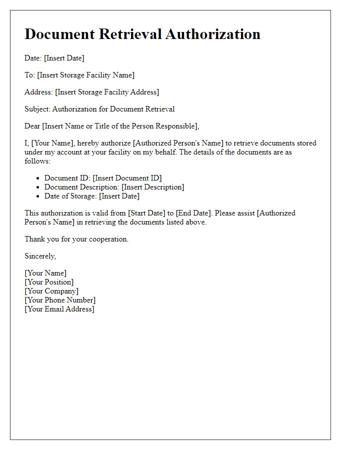 Letter template of secure document storage retrieval authorization