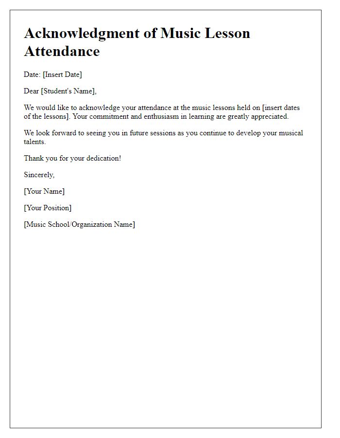 Letter template of acknowledgment for music lesson attendance