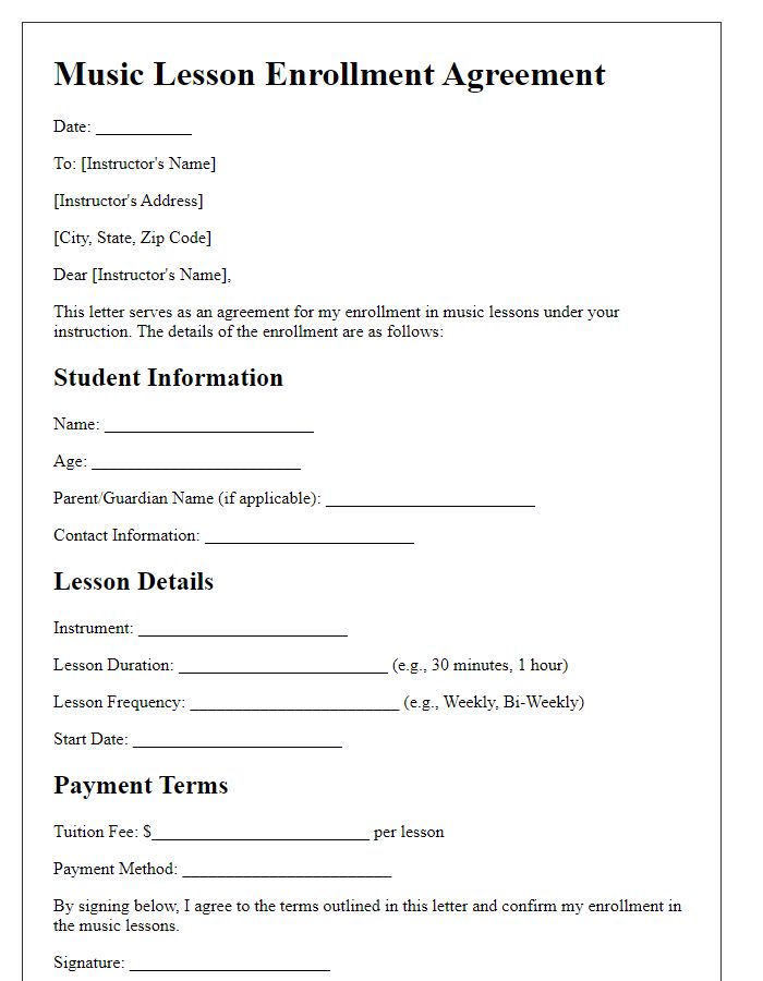 Letter template of agreement for music lesson enrollment