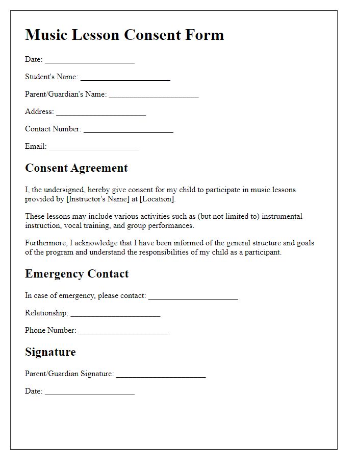 Letter template of music lesson consent form