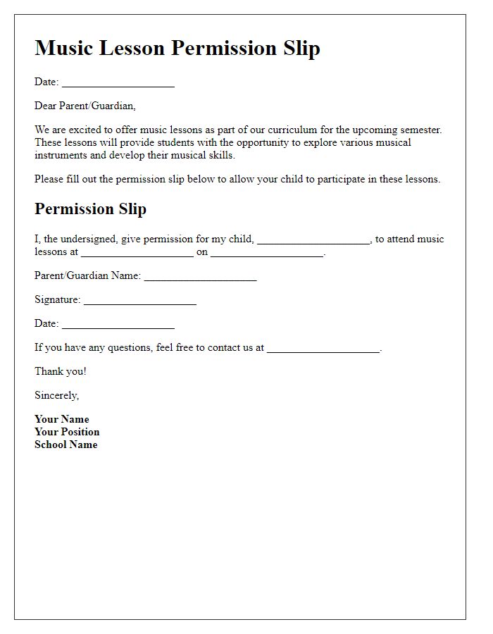 Letter template of music lesson permission slip