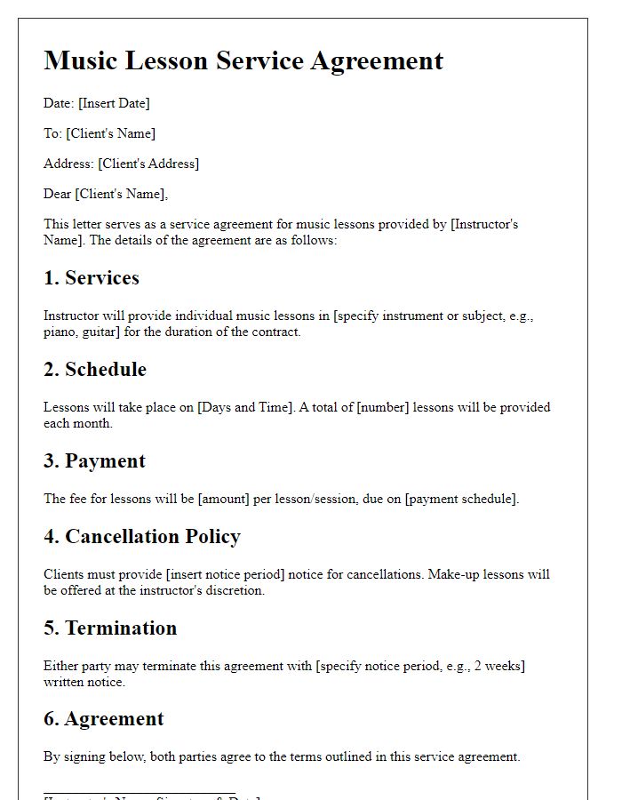 Letter template of music lesson service agreement