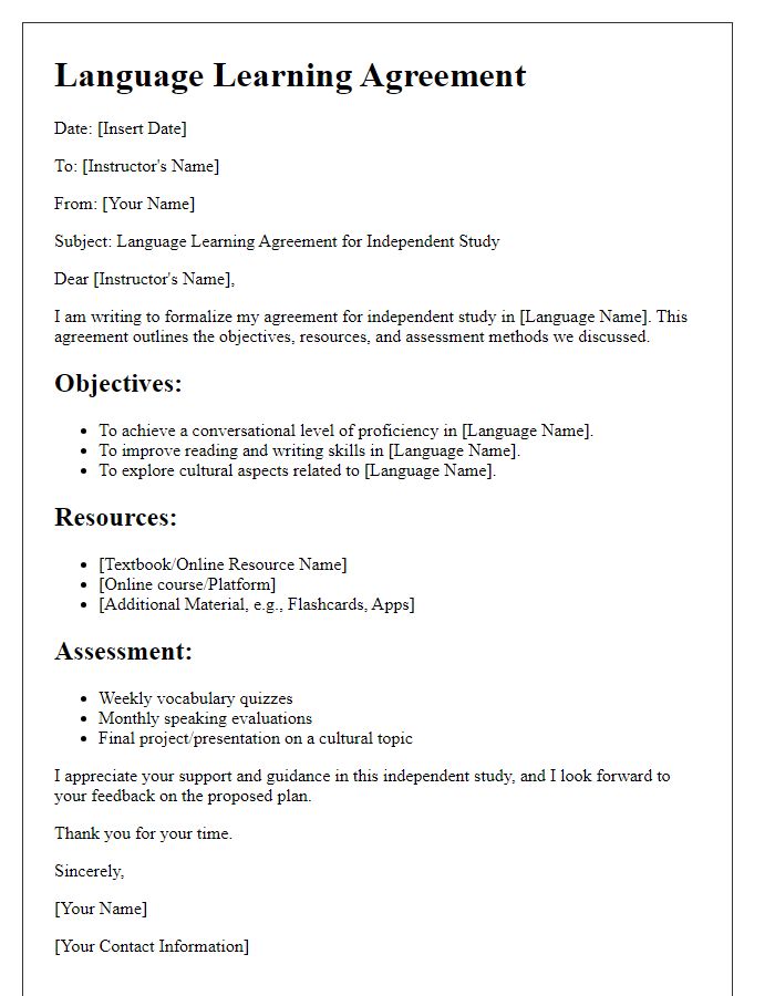 Letter template of language learning agreement for independent study