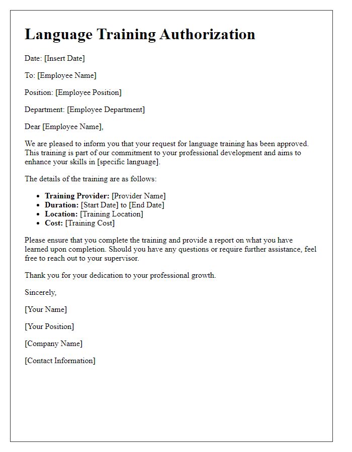 Letter template of language training authorization for employee development