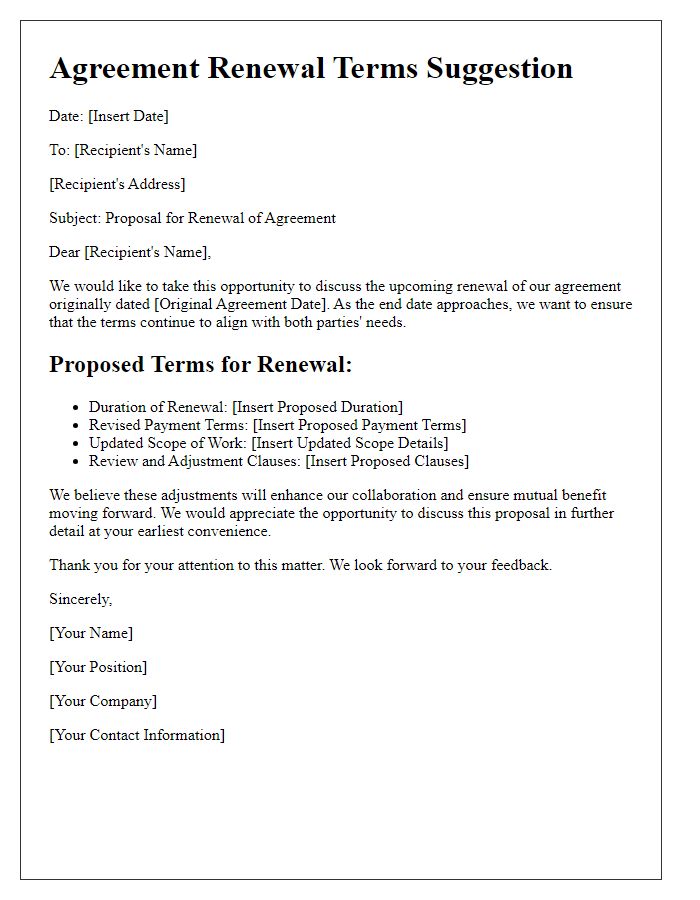 Letter template of agreement renewal terms suggestion