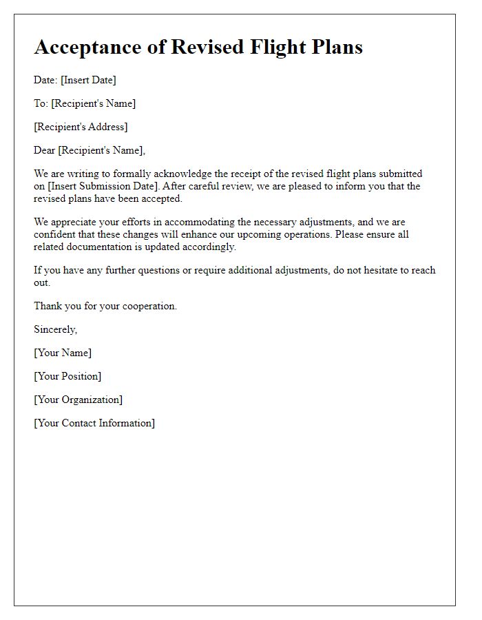 Letter template of acceptance for revised flight plans.