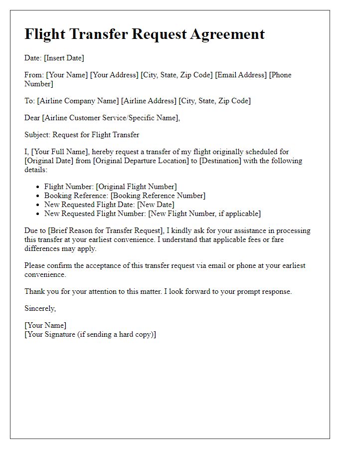 Letter template of agreement for flight transfer request.