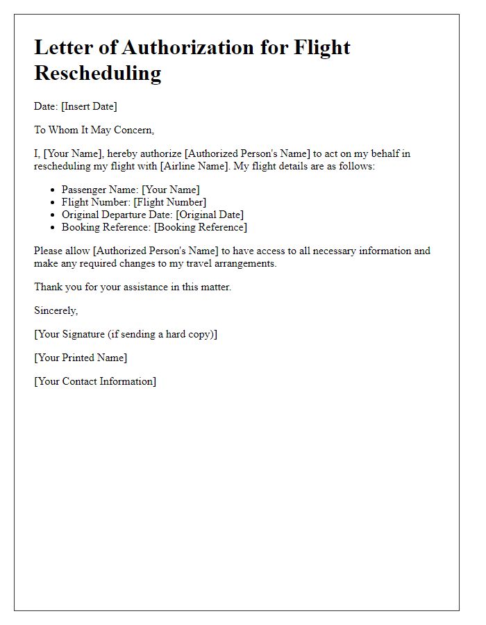 Letter template of authorization for flight rescheduling.