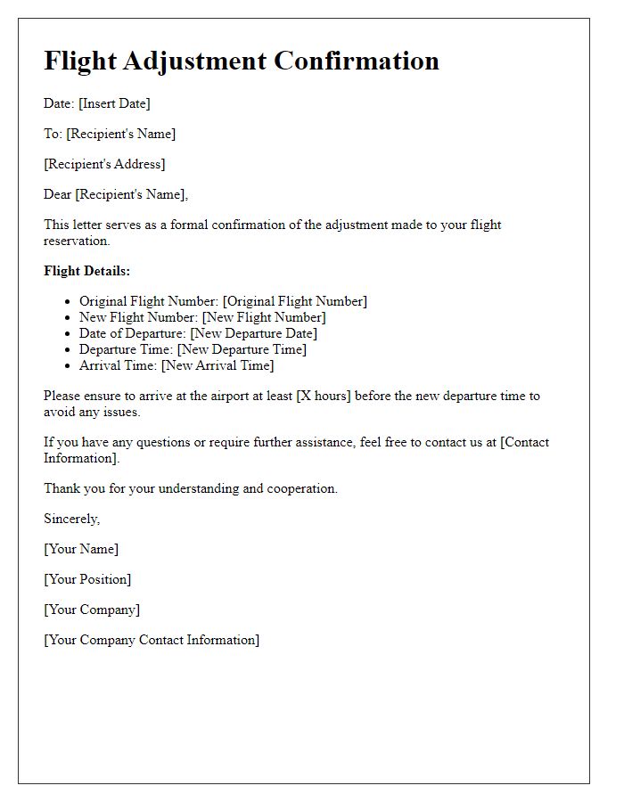 Letter template of clearance for flight adjustment confirmation.