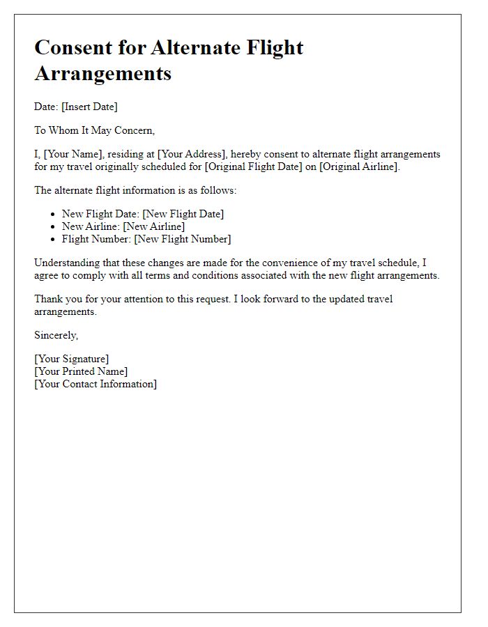 Letter template of consent for alternate flight arrangements.