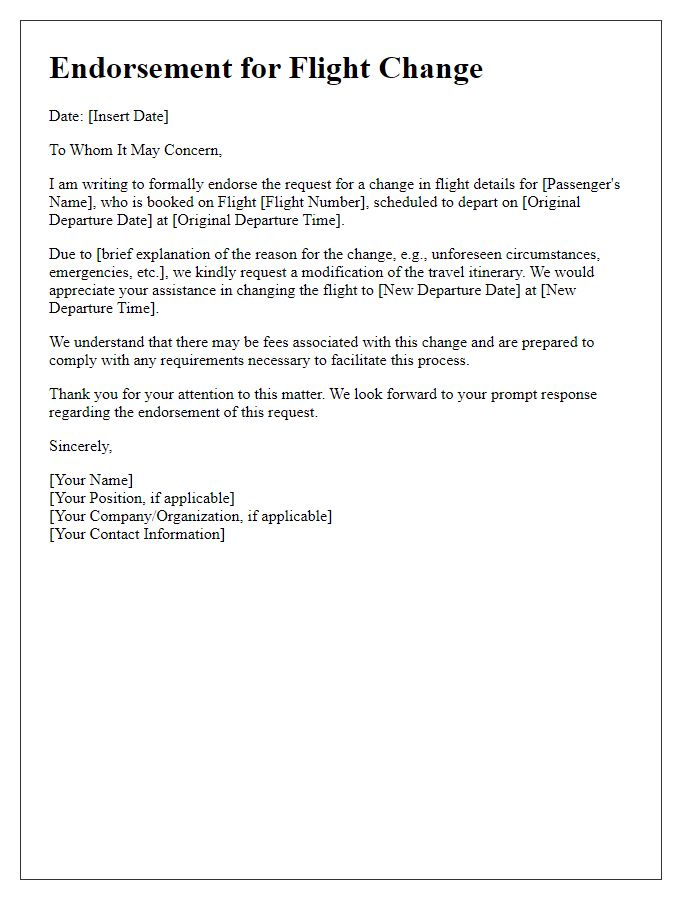 Letter template of endorsement for changing flight details.