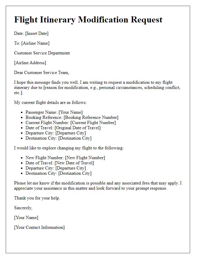 Letter template of flight itinerary modification request.