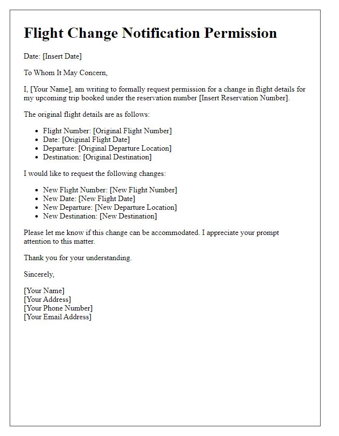 Letter template of permission for flight change notification.