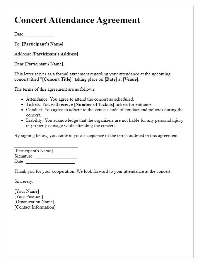 Letter template of concert attendance agreement